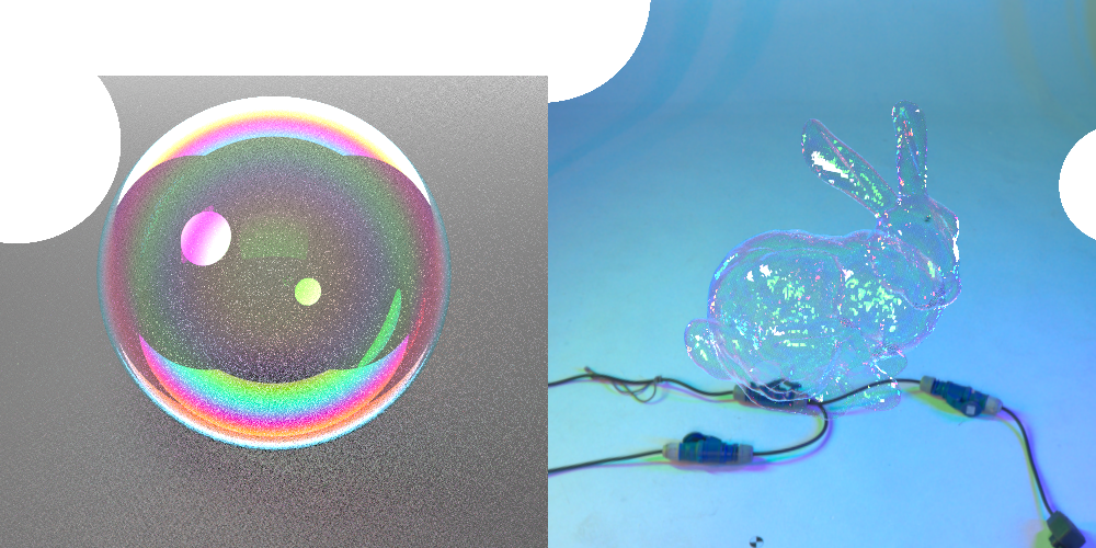 Rendered soap bubble beside a real iridescent bubble reference