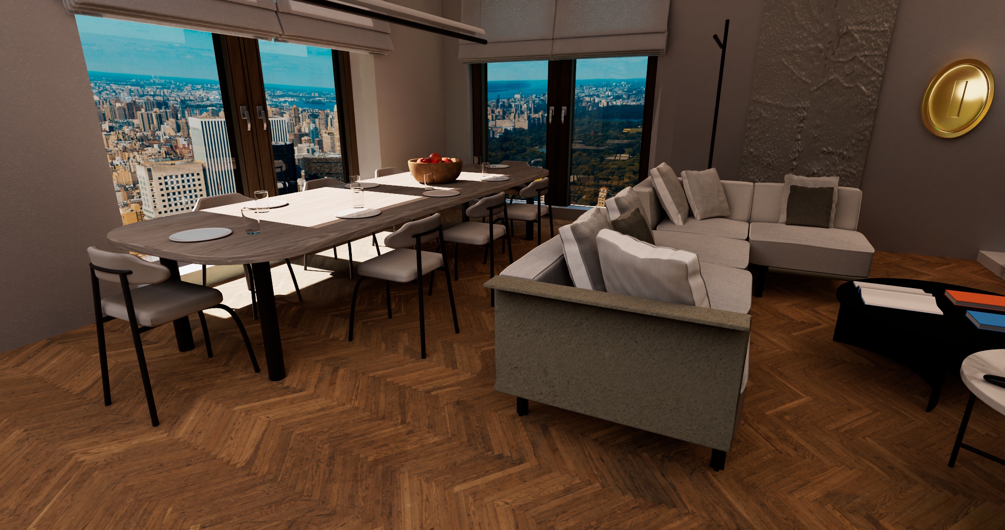 Rendered high-rise living room and kitchen environment with dining area, seating, and city views